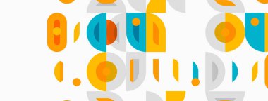 Geometrik şekiller tekrar ediyor, renkli desenler yaratıyor. Daireler, dikdörtgenler, yumuşak renkler tasarımda baskın. Minimalist estetik.