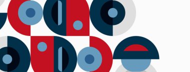 Üst üste binen daireler, dikdörtgenler, metin elementleri içeren soyut geometrik tasarım. Mavi, kırmızı, gri renkler kompozisyona hakim. Minimalist stil.