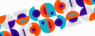 Soyut geometrik desen. Çemberler, kareler beyaz arkaplan boyunca çapraz olarak tekrarlanıyor. Parlak renkler oyuncu görsel doku oluşturur.