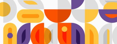 Soyut geometrik desen. Çemberler, yarı daireler, dikdörtgenler orta çağ modern estetiği yaratır. Sıcak renkler kompozisyona hakim.