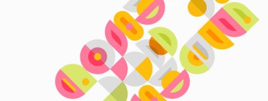 Soyut geometrik şekiller örtüşüyor ve renkli bir tasarım yaratıyor. Çemberler, kareler, dikdörtgenler oyuncu bir kompozisyon oluşturur. Minimalist estetik.