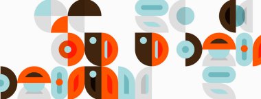 Abstract geometric shapes overlap, creating midcentury modern pattern. Colors include brown, orange, blue, beige. Minimalist design.