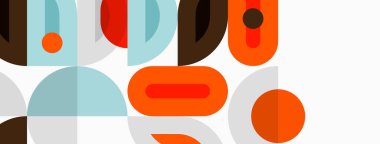 Soyut geometrik şekiller çakışıyor. Kahverengi, turuncu, mavi renkler kompozisyona hakim. Minimalist tasarım, orta çağ modern estetiğini çağrıştırıyor.