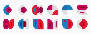 Soyut geometrik şekiller, daireler, dikdörtgenler, pembe, mavi renkler. Minimalist tasarım, şablon tekrarı, basit biçimler, modern estetik.