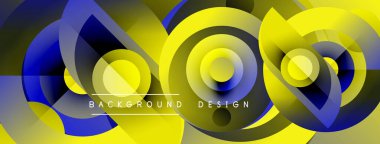 Abstract geometric design features layered circles, blue, yellow hues. Modern aesthetic, dynamic composition, suitable background element.