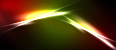 Soyut ışık çizgileri, canlı renklerin karışımı. Kırmızı, yeşil, sarı renkler dinamik görsel efekt yaratır. Koyu arkaplan aydınlığı vurgular.