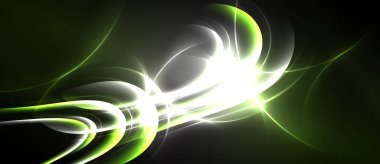 Abstract energy flows, bright luminous curves, dark background. Dynamic composition creates visual impact, modern aesthetic.