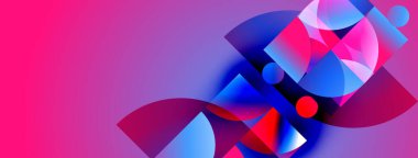 Soyut şekiller örtüşüyor, canlı renk değişimleri yaratıyor. Pembe arka plan, mavi ve kırmızı elementleri vurgular. Modern tasarım.