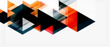 Soyut geometrik tasarım. Üçgenler çakışıyor, dinamik bileşim oluşturuyor. Turuncu, kırmızı, siyah, gri tonlar beyaz arkaplana hakim. Modern estetik.