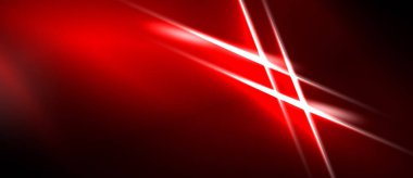 Soyut kırmızı arkaplan dinamik ışık çizgileri içerir. Parlak çizgiler kesişiyor ve enerjik bir görsel etki yaratıyor. Koyu alanlar karşıtlık sağlar.