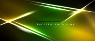 Soyut neon çizgiler koyu yeşil, altın renkleri üzerinde kesişiyor. Dijital projeler ve sunumlar için modern tasarım ögesi.