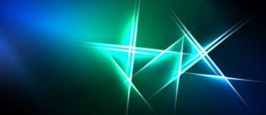 Soyut arkaplan, koyu renkleri kesişen parlak çizgiler içerir. Canlı maviler yeşilliklere geçerek, dinamik görsel efekt yaratır.