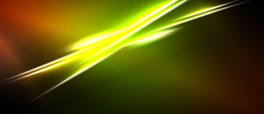 Parlak çizgiler karanlık arka planda kesişiyor. Canlı sarı, yeşil, turuncu renkler dinamik soyut kompozisyon oluşturur. Enerji merkezi noktadan yayılıyor.