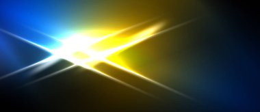 Parlak ışıklar merkezden yayılır. Mavi, sarı renkler koyu arkaplana hakim. Dinamik enerji, soyut bileşim.