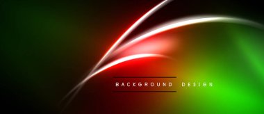 Karanlık arkaplan üzerine soyut neon çizgiler. Kırmızı, yeşil gradyanlar dinamik görsel efekt yaratır. Modern tasarım ögesi.