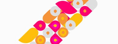 Soyut tasarım, üst üste binen daireler, kareler, canlı pembeler, sarılar. Minimalist kompozisyon, modern estetik, temiz çizgiler mevcut.