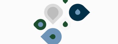 Soyut tasarım damlacık şekilleri, değişik tonlar mavi, yeşil, gri içerir. Beyaz arka planda minimalist kompozisyon. Basit, temiz estetik..