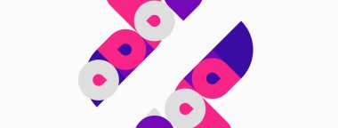 Soyut geometrik şekiller, pembe, mor, beyaz. Üst üste binen daireler dinamik görsel desen oluşturur. Minimalist tasarım, temiz estetik.