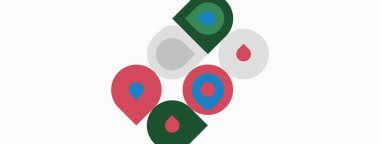 Soyut renkli daireler çakışıyor, eğlenceli bir tasarım yaratıyor. Kırmızı, yeşil, mavi renkler beyaz arkaplana hakim. Minimalist estetik.