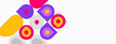 Soyut renkli şekiller örtüşür, dinamik bileşim yaratır. Çemberler, kareler beyaz arka plana karşı canlı renkler sunar.