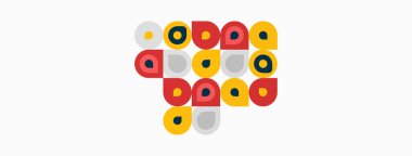 Soyut geometrik desen. Çemberler, kareler, beyaz arkaplanda çeşitli renkler var. Minimalist tasarım, basit şekiller, modern estetik.