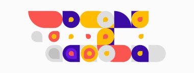 Soyut geometrik şekiller, canlı renkler, neşeli kompozisyon. Çemberler, ovaller, dikdörtgenler modern tasarım yaratır. Minimalist estetik.