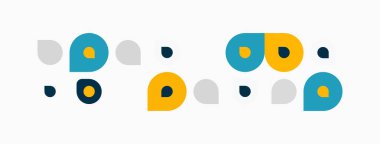 Soyut şekiller, daireler, kareler, noktalar. Minimalist tasarım, mavi, sarı, gri renkler. Basit kompozisyon, düz çizim. Modern estetik.