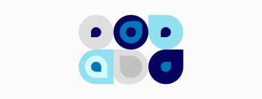 Soyut geometrik şekiller, daireler, kareler, dikdörtgenler. Beyaz arka planda mavi, gri renkler. Minimalist tasarım, modern estetik.