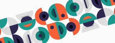 Abstract geometric pattern. Circles, semicircles repeat diagonally. Colors include orange, teal, navy, white. Modern design element.