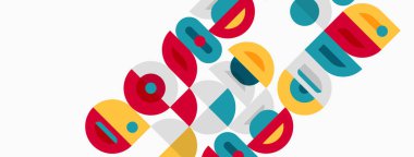 Renkli üst üste binen daireler, dikdörtgenler soyut tasarım yaratır. Parlak renkler, geometrik şekiller kompozisyona hakim. Modern, eğlenceli estetik..