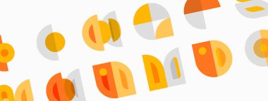 Soyut geometrik şekiller, sıcak renkler baskın gelir. Çemberler, kavisler, segmentler tekrarlayan desenler yaratır. Minimalist tasarım, modern estetik.