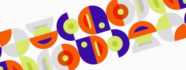 Soyut geometrik desen. Tekrarlayan şekiller, canlı renkler, modern tasarım. Basit biçimler dinamik görsel doku oluşturur.