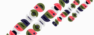 Renkli daireler, dikdörtgenler çapraz kesişiyor. Soyut geometrik desen, basit tasarım, modern estetik. Parlak renkler görsel ilgi yaratır.