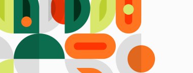 Soyut geometrik şekiller çakışıyor ve canlı bir model oluşturuyor. Yeşil, turuncu, sarı renkler kompozisyona hakim. Modern tasarım elemanları.