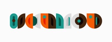 Orta çağ modern tipografisi. Geometrik şekiller MODERN kelimesini oluşturur. Retro tasarım, canlı renkler, minimalist estetik. Temiz çizgiler, dengeli kompozisyon.