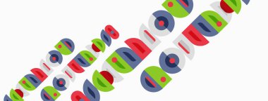 Üst üste binen renkli oval şekiller soyut desenler oluşturur. Parlak renkler beyaz arkaplana hakim. Modern tasarım ögesi.