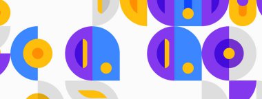 Abstract pattern features colorful overlapping circles, squares. Geometric shapes create playful, modern design. Bright hues dominate composition.