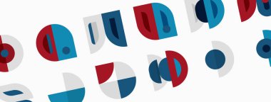 Soyut geometrik şekiller tekrar eder. Kırmızı, beyaz, mavi renkler tasarımda baskın. Minimalist desen modern estetik yaratır.