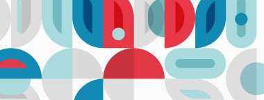 Soyut geometrik şekiller çakışıyor. Kırmızı, mavi, gri tonlar modern desen yaratır. Minimalist tasarım neşeli bir kompozisyon öneriyor.