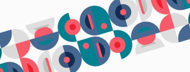 Soyut geometrik desen. Çemberler, yarı daireler, dikdörtgenler üst üste binerek renkli görsel dokular oluştururlar. Minimalist tasarım, modern estetik.