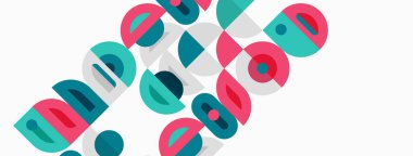 Soyut geometrik desen. Daireler, kareler, dikdörtgenler, renkli tasarım oluşturarak örtüşüyor. Minimalist estetik, modern tarz.