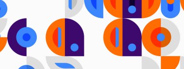 Geometric pattern features overlapping circles, squares. Colors include blue, purple, orange, gray. Simple design creates modern aesthetic.