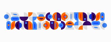 Soyut geometrik desen. Çemberler, yarı daireler, kavisler tekrarlayan dizaynlar yaratır. Mavi, turuncu, mor baskın renk şeması. Minimalist stil.