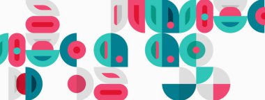 Abstract geometric pattern. Circles, semicircles, shapes overlap creating playful design. Pink, teal, gray colors dominate composition.