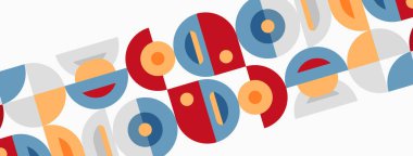 Soyut geometrik desen. Tekrarlayan şekiller, daireler, kavisler, renkler dinamik görsel doku oluşturur. Minimalist tasarım.