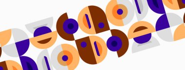 Soyut geometrik desen. Çemberler, kareler üst üste binerek tekrarlanan dizaynlar oluşturuyor. Sıcak renkler kompozisyona hakim. Minimalist estetik.