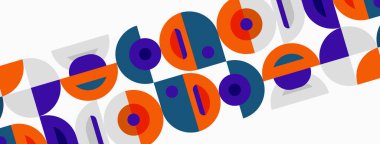 Soyut geometrik desen. Çemberler, kareler örtüşüyor. Canlı ve modern bir tasarım yaratıyorlar. Renkler arasında turuncu, mor, deniz mavisi var. Basit, tekrarlayan motif.