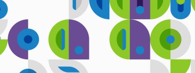 Geometric pattern features overlapping circles, semicircles. Blue, purple, green hues dominate white background. Modern design.