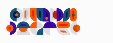 Soyut geometrik şekiller, daireler, dikdörtgenler, canlı renkler. Modern tasarım, eğlenceli kompozisyon, temiz estetik. Minimalist stil.