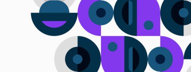 Soyut geometrik desen. Daireler, kavisler, dikdörtgenler modern tasarım yaratır. Mor, deniz mavisi renkleri beyaz arkaplana hükmediyor. Minimalist estetik.